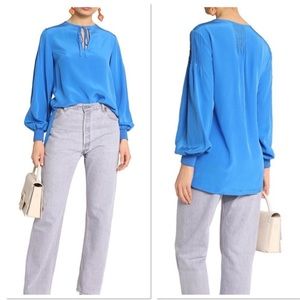 TIBI Pintuck Silk Tunic Long Sleeve Blouse In Azure Blue Size 2
